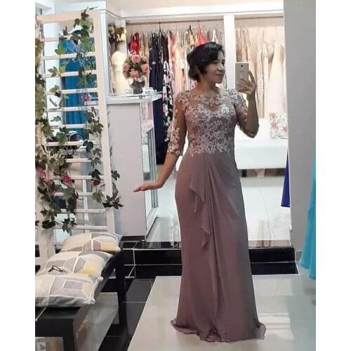Lace Appliques Tops Mother of the Bride Dresses Half Sleeve Chiffon Skirt Long Formal Evening Gowns for Wedding Party