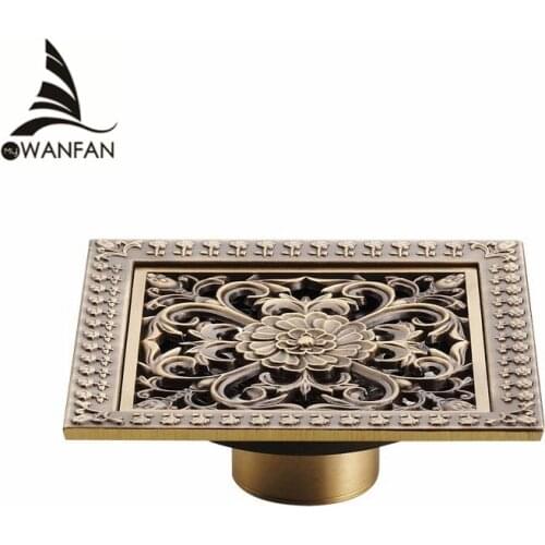 Shower Drains 12*12cm Square Bath Drains Strainer Hair Antique Brass Art Carved Bathroom Floor Drain Waste Grate Drain HJ-8701T