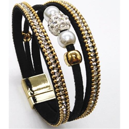 Pearl Rhinestone Beads Black Purple Multilayer Statement Trendy Leather Bracelets Women Fashion Girl Cuff Bangle Female Jewelry
