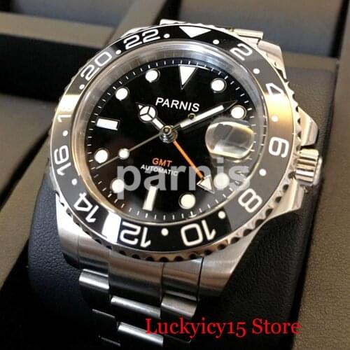 PARNIS Automatic Men Watch 40mm Sapphire Glass Date Function Rotating Bezel Orange Hand Mental Strap