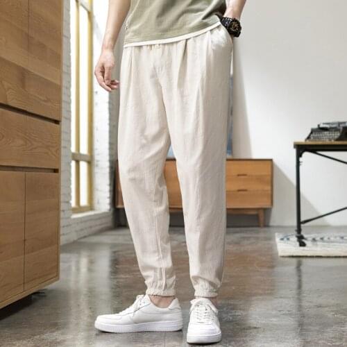2021 Mens Summer New Chinese Style Loose Sports Ankle-Length Cotton and Linen Harem Pants for Youth