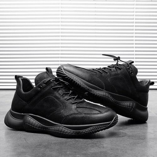 NEW Brand High Quality All Black Mens Leather Casual Shoes Fashion Breathable Sneakers Fashion Flats Big Plus Size 38-44 R5-27