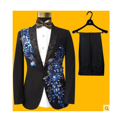Singer star style dance stage clothing for men embroidered suit set with pants mens wedding suits groom formal dress black