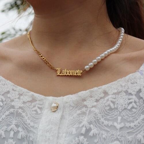 Custom Name Necklace Women Choker Stainless Steel Figaro Chain Personalized Pearl Letter Necklack Best Friend Gift