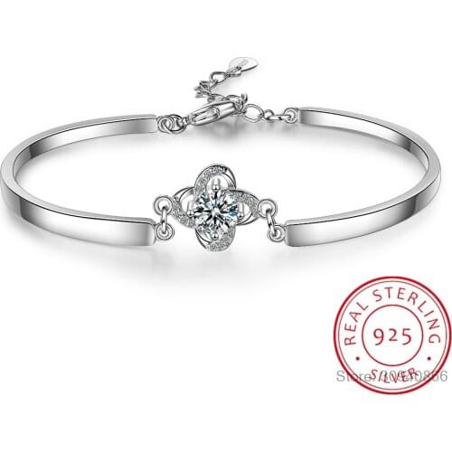Luxury 925 Sterling Silver Bracelets Luxury Zirconia Four Leaves Clover Bracelets & Bangles For Women pulseira de prata