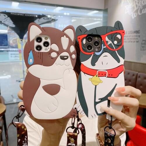 Cartoon Silicone Dog Cat Lanyard Phone Case for iPhone 12 11 Pro Max 12 Mini X XR XS Max 7 8 6 6S Plus SE 2020 With Strap Cover