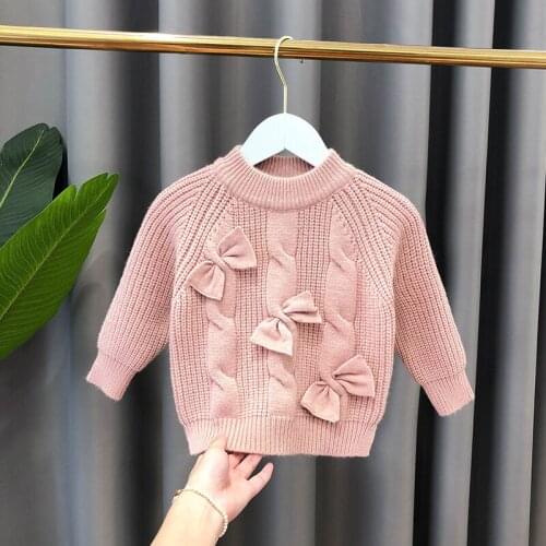 Toddler Girls Sweaters 2020 Autumn Winter New Kids Korean Pullover Sweater Cute Bowknot Plus Velvet Warm Knit Sweater For Girl