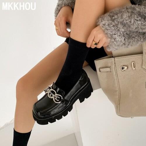 MKKHOU Casual Womens Shoes New Genuine Leather Silver Chain Comfortable Platform Shoes Simple All-Match Loafers Ladies Shoes