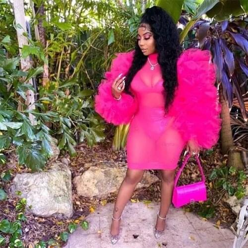 Hot Pink Tulle Mini Summer Dress Sexy See Thru Ruffle Layered Women Dress Photography Custom Made Plus Size