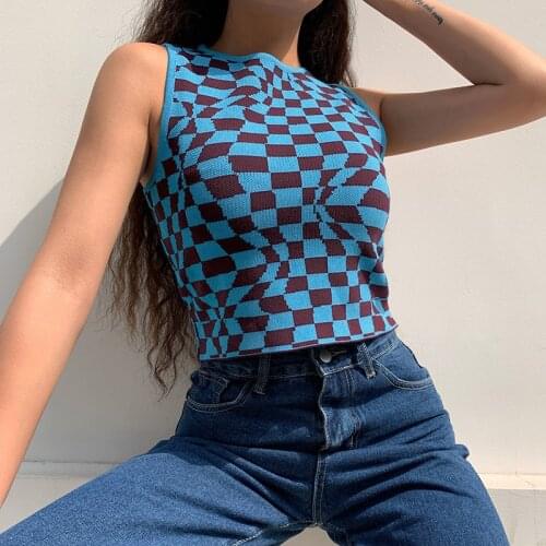 Y2k Knitted Womens Tank Tops Summer 2021 Patchwork Sleeveless Vest Vintage Plaid Printed Streetwear Aesthetic Cute Shirts