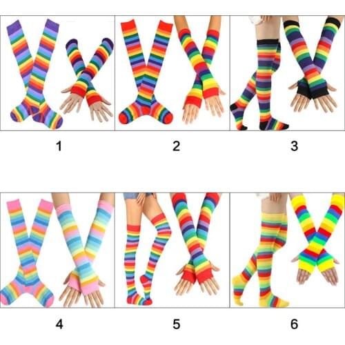 Womens Rainbow Stripes Over Knee Thigh High Socks Arm Warmer Fingerless Gloves Set Fancy Dress Cosplay Masquerade Party Costume