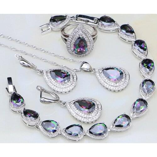 Rainbow Mystic Fire Cubic Zirconia White CZ 925 Sterling Silver Jewelry Sets For Women Necklace/Earrings/Bracelet/Pendant/Ring