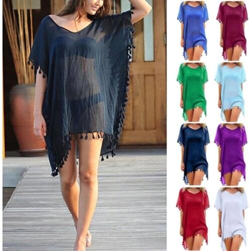 Women Swimsuit Cover Up Swimwear Bathing Suits Summer Mini Dress Loose Solid Cover Ups 2021 Chiffon Tassels Beach Wear