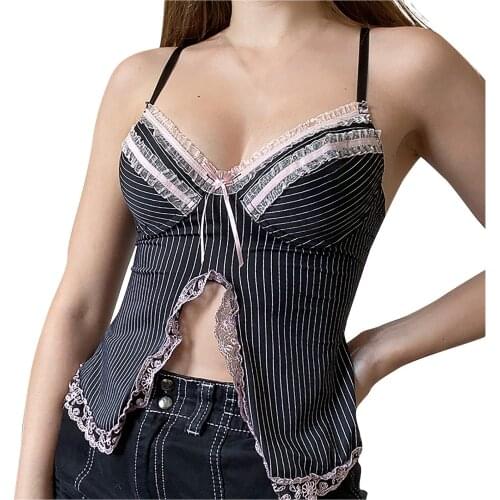 Women Sexy Lace Bow Stripe Camisole Sleeveless V-neck Underwear Vest Blouse Top Fashion Sexy Girls Undershirt