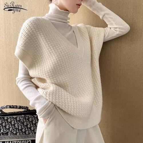 Autumn Winter 2020 Korean Loose Women Sleeveless Sweater Tops Chic V-neck Twisted Ladies Solid Knitted Pullover Vest Femme 11318
