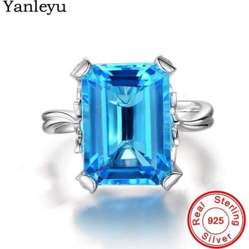 Yanleyu Luxury Genuine 925 Sterling Silver Ring Big Blue Crystal Wedding Rings for Women Bridal Engagement Jewelry Gift PR261