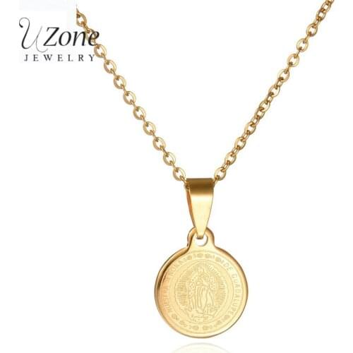 Uzone Religious Catholicism Virgin Mary Pendant Amulet Necklace Gold Stainless Steel Coin Necklaces For Women Christmas Gift