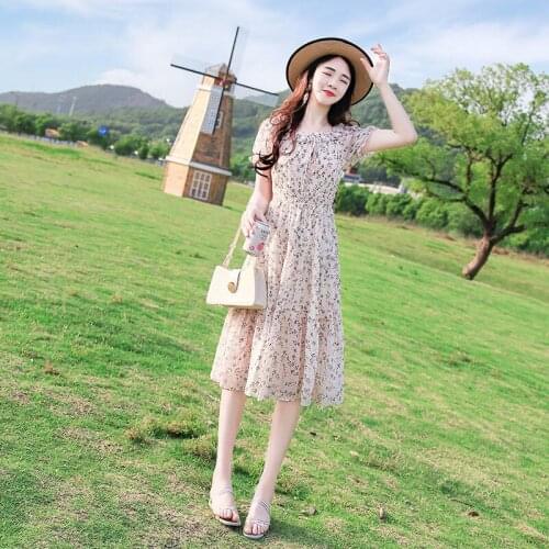 2021 Women Spring Summer Casual Loose Dress Ladies Print Slash Neck Short Sleeve High Waist Dresses Female Elegant Vestidos K142