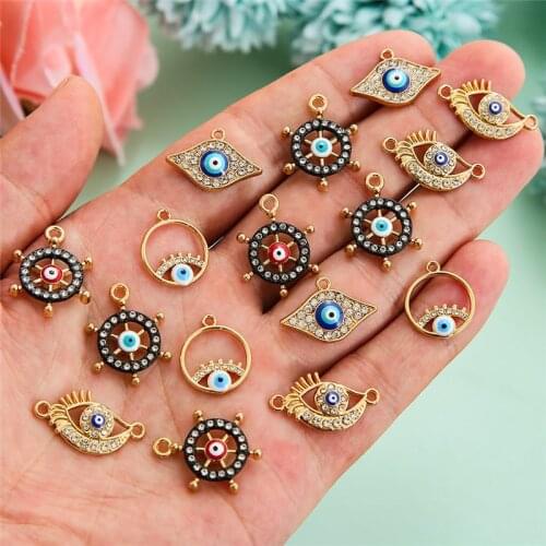 10pcs/lot Alloy Enamel Crystal Blue Eye Charms Pendant Connector DIY Necklace Bracelet For Jewelry Making Accessories
