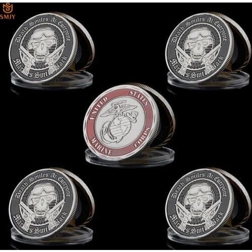 5PCS USA Marine Corps Skull Sharpshooter Military Liberty In God We Trust Silver Plated Metal Collectible Challenges Coins Value