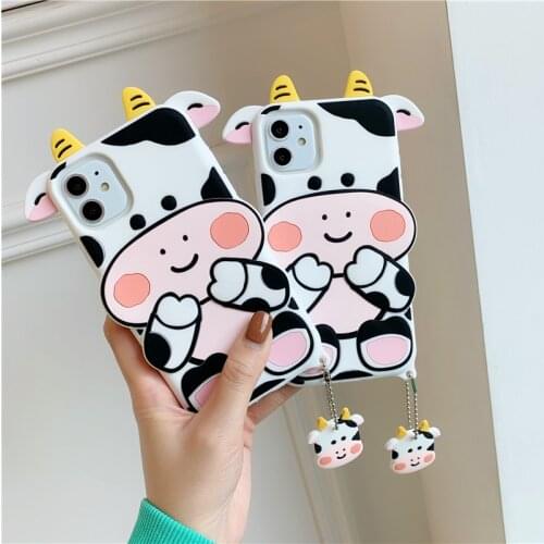 Cute 3D milk cow with pendant Phone cover For iPhone 12Mini 12 11 Pro Max SE27 8 Plus X XR XS Max Silicone Back Cover kid gift