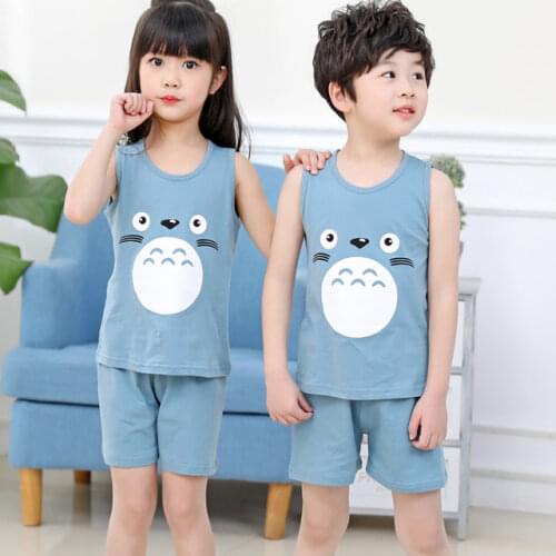 Children Pajamas Summer Clothing Set For Boys Girls Vest Tops + Short Pants Shorts Sleepwear Cartoon Totoro Cotton Kids Pyjamas