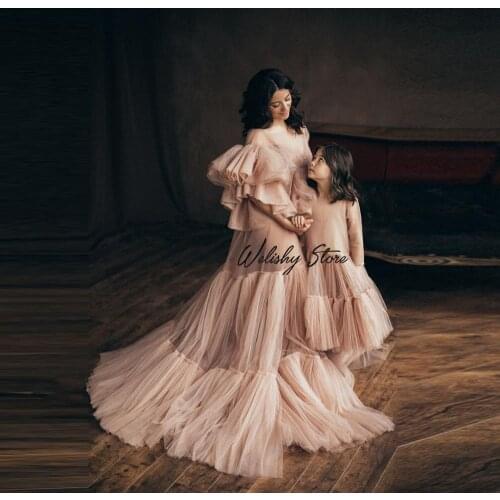 Elegant Draped Ruffled Tulle Dress Women Maternity Robes Mother And Kids Photo Shoot Mommy & Me vestido de madre e hija Custom