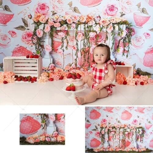 Sweet Strawberry Tea Party Backdrop Pink Floral Girl Baby Shower Birthday Decor Portrait Photography Background for Photo Studio