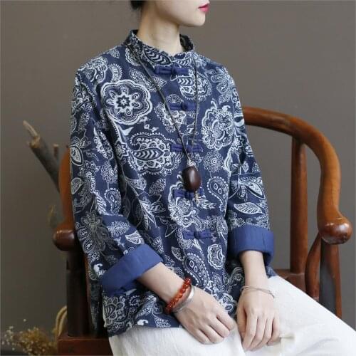 Women Cotton Linen Printed Jackets Ladies Loose Chinese Style Stand Collar Short Coat 2019 Female Print Outerwear Spring Autumn