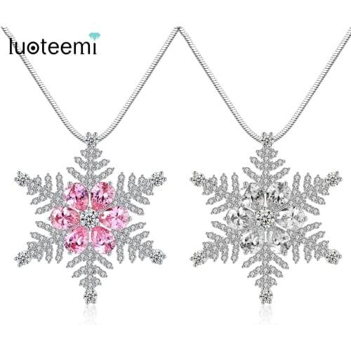 LUOTEEMI New Snowflake Pendant Long Sweater Chain Fashion Clear Pink Zircon Crystal Rhinestone Flower Necklaces for Women
