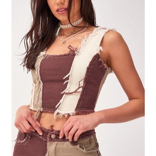 Women Striped Patchwork Denim Sleeveless Tank Top Vintage Chic Streetwear Casual Vest Womens Bra Color Contrast Denim Vest