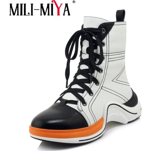 MILI-MIYA Good Quality Women Ankle Boots Genuine Leather Autumn Round Toe Lace Up Wedges Heels Shoes Woman Black White