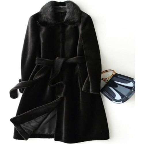 Fur Real Coat with Mink Fur Collar Fashion Winter Coat Women Clothes 2020 Korean Thick Warm Long Wool Jacket+belt X-85