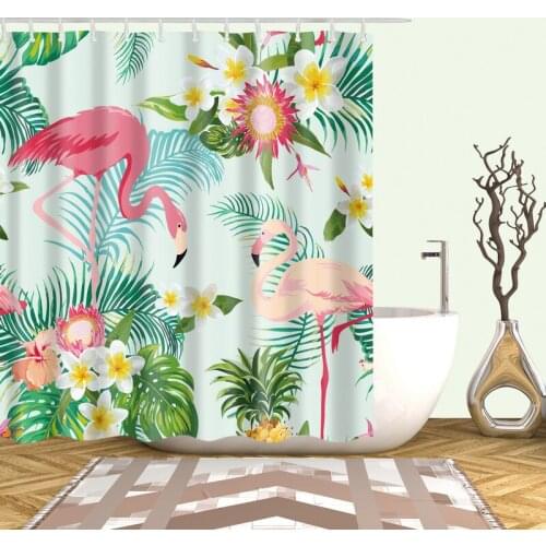 Flamingo Among Flowers Shower Curtain Set with 12 Hooks Natural Plants Bathroom Decoration Washable Polyester Fabric