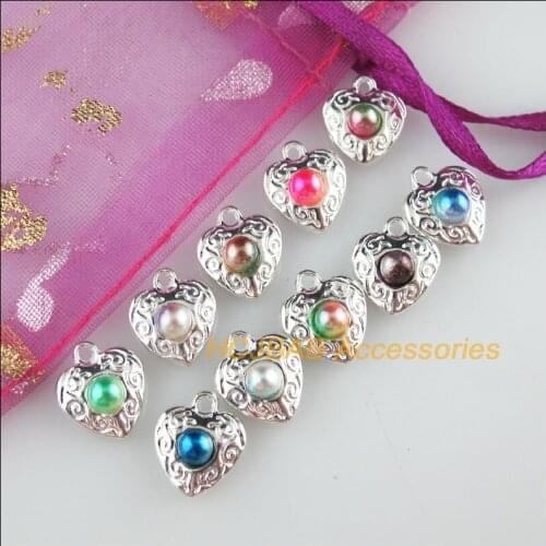 20 New Heart Charms Mixed Acrylic Flower Pendants Silver Plated 10x11.5mm
