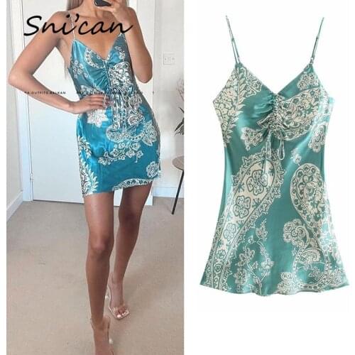 Paisley Print Satin Dress Za 2021 Women Shirring V Neck Sexy Camisole Mini Dresses Spaghetti Strap Vintage Summer Vestidos New