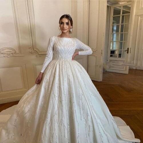 Saudi Arabia Beading Prom Dresses Dubai Satin Long Sleeves A Line Evening Gowns Zipper Back Robe De Soiree Vestidos