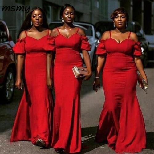 South African Red Mermaid Bridesmaids Dresses Summer Bohemian Spaghetti Straps Wedding Guest Party Plus Size