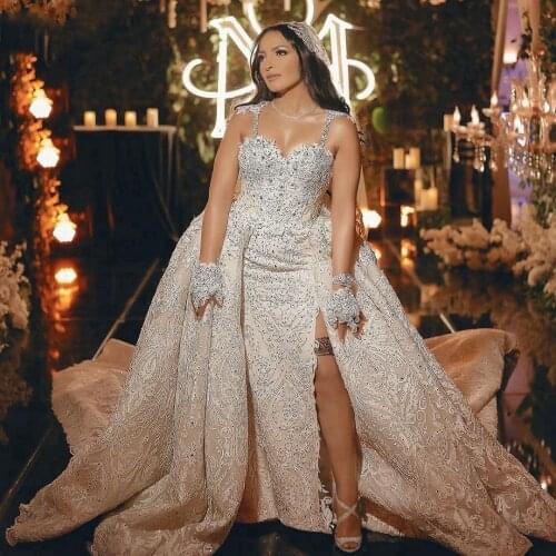 Luxury Extra Puffy Mermaid Wedding Dresses With Straps Lace Appliques Beaded Slit Bridal Wedding Gowns Long Train