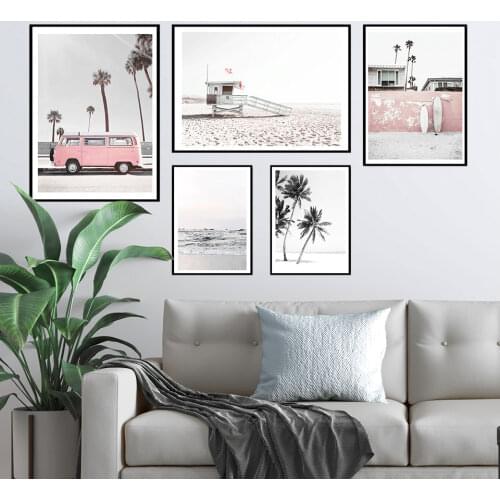 Self-adhesive Wall Sticker Beach Surf Landscape Posters Prints Watch Tower Poster Pink Van Wall Art Wall For Living Room