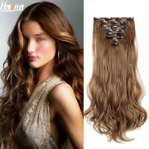 HAIRRO 17" Women 16 clips Long Straight Synthetic Hair Extensions Clips in High Temperature Fiber Black Brown Hairpiece