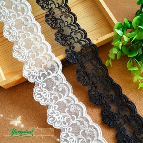YACKALASI 14 Yds Cotton Embroidery Lace Soft Tulle Trim Double Scalloped White and Black 3D Flower Sewing Apparel Trims 5.5cm