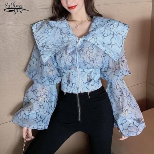 Collar Printing Shirt Female Elegant Zipper Blouses Elegant Shirts 2021 Fashion Lantern Sleeve Tops Womens Big Turn Down 13965