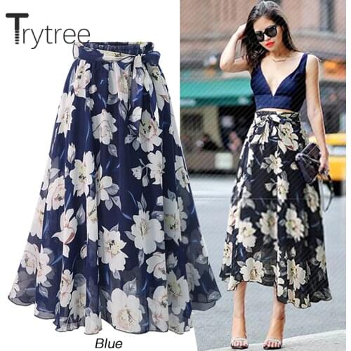 Trytree Summer Autumn Casual Skirt Women Polyester Print Floral High waist Belt Bow A-Line Skirt Plus Size Beach Style Skirts