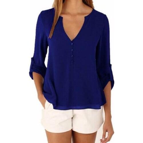 Womens Chiffon Blouse Long Sleeve V-neck Buttons Decors Slim Waist Rolling Up Sleeve Casual Tops