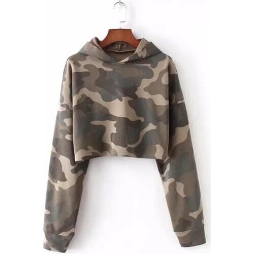 Women Sweatshirts Sexy Short Style Camouflage Fabric Mini Hoodie Loose Style Hooded Harajuku Hoodie Knitted Pullovers Outerwears