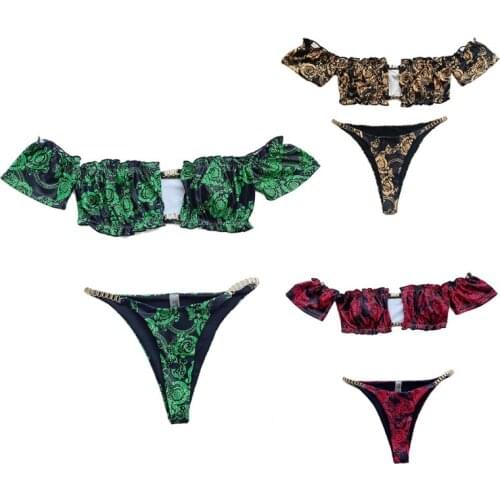 Women Sexy 2 Piece Micro Bikini Set Short Sleeve Off Shoulder Ruffles Hollow Out Swimsuit Vintage Floral Printed Metal Suit