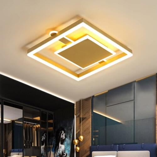Gold Square LED Ceiling Light with Remote Modern Dimmable Brown Lamp with Acrylic Lampshades for Bedroom Living Room Bathroom