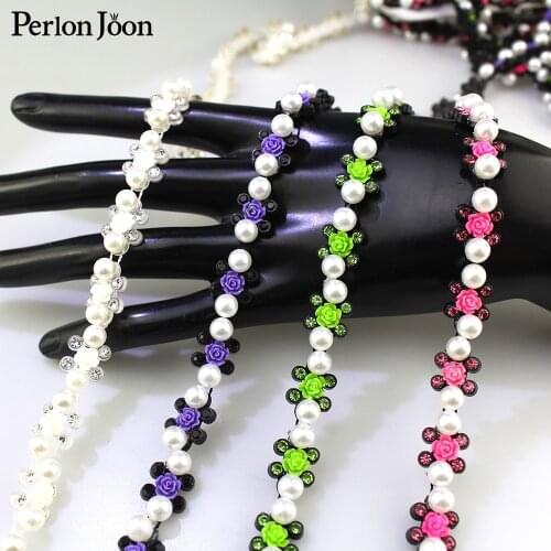 1 yard colored flower pearl rhinestone trim decoration plastic chain DIY for home decoration clothing shoes accessories NET18