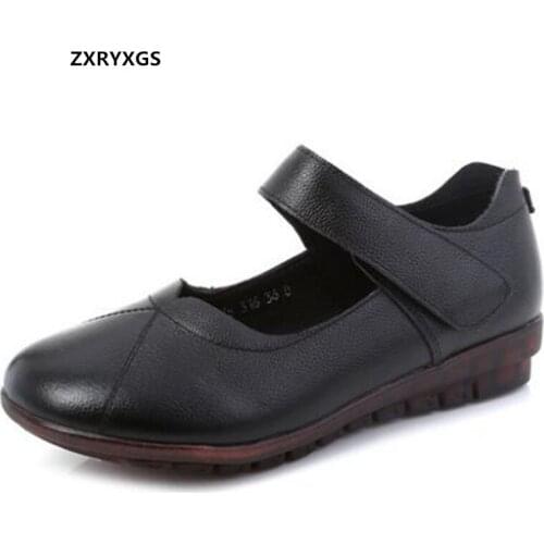 2021 Genuine Leather Mother Shoes Women Flats Black Fashion Casual Shoes Flat Soft Sole Wear Non-slip Comfortable Grandma Shoes
